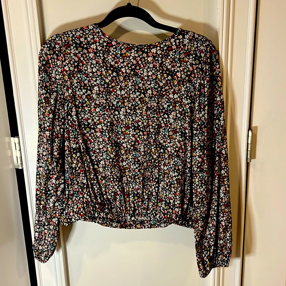 Black ditsy Floral cinched blouse from loft.